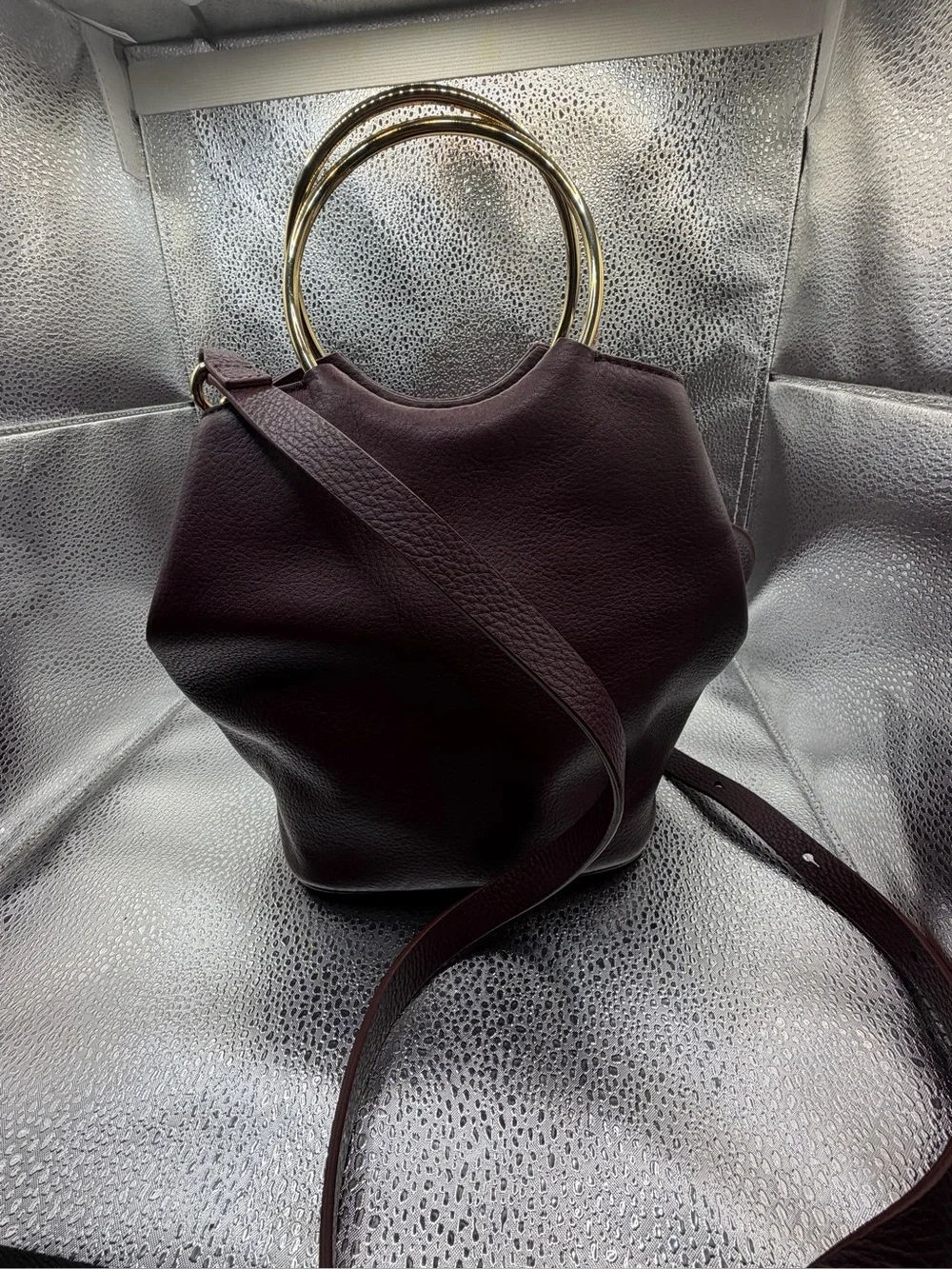 Thacker New York Bonnie O gold handle bucket Crossbody Purse burgundy Leather